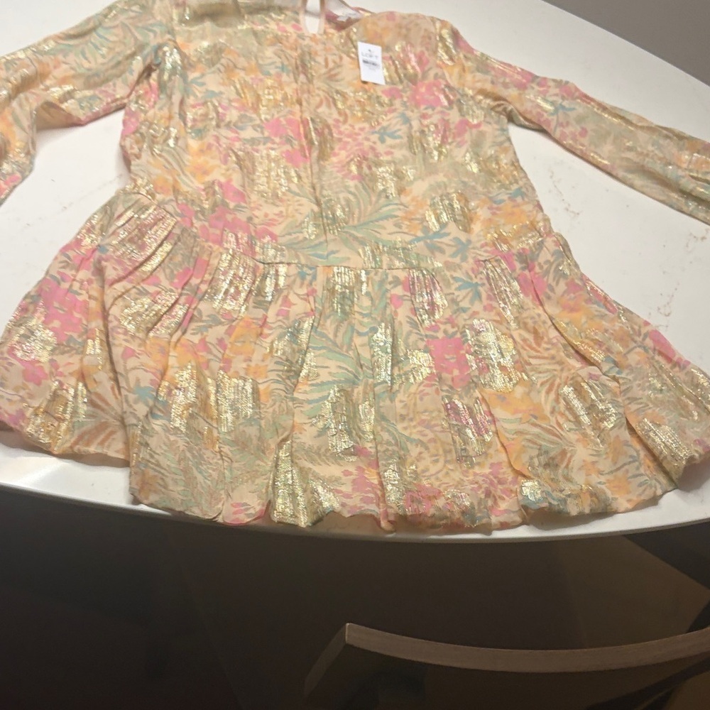 LOFT Multicolor (pink, green) Floral Dress (XXS) with Gold Accents BNWT